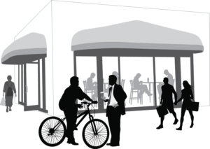 Graphic of large awnings over business with people walking by.