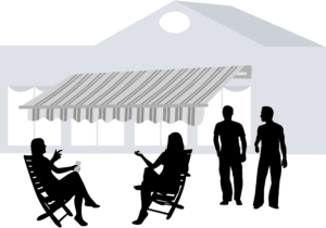 Graphic of people enjoying patio with home awning.